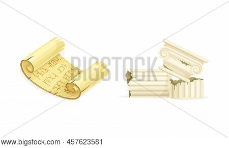 Antique Greek Column And Ancient Paper Scroll. Objects Of Archaeology Vector Illustration