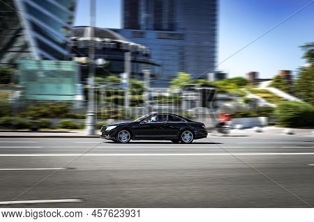 Moscow, Russia - June 2022: Black Luxury Mercedes Cl Car In Motion
