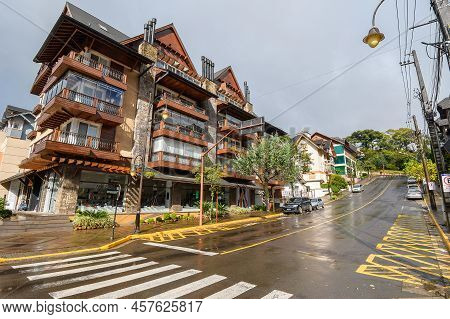 Gramado, Rs, Brazil - May 17, 2022: Street And Buildings On City Downtown, Architecture Of Gramado.