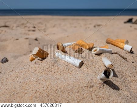 Different Kinds Of Cigarette Butts In The White Sand On Baltic Sea Beach With Water In Background As