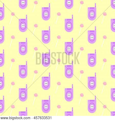 Y2k Old Mobile Pattern. Old Purple Mobile Phone And Pink Lollipop On Yellow Background. 2000s Retro 