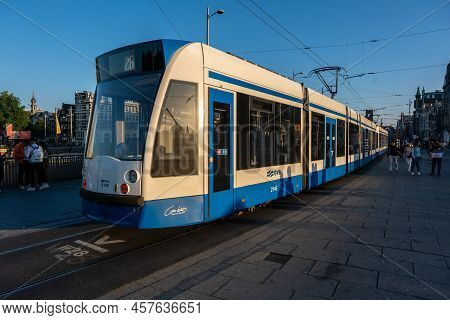 Amsterdam, The Netherlands - 22 June 2022: Gvb Tram On Damrak Street