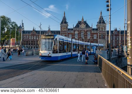 Amsterdam, The Netherlands - 22 June 2022: Gvb Tram On Damrak Street