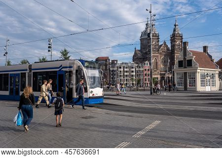 Amsterdam, The Netherlands - 21 June 2022: Gvb Tram At Centraal Station Square