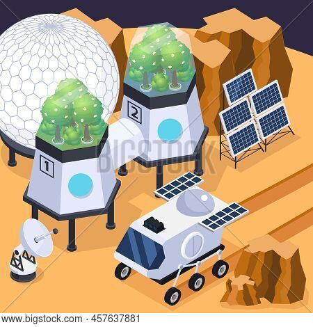 Space Colonization Terraforming Isometric Composition With Rover Vehicle Solar Arrays And Other Equi