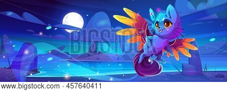 Cute Monster Cat On Alien Fantasy Planet Landscape. Cartoon Funny Fluffy Character With Fairy Wings 
