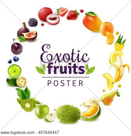 Exotic Fruits Including Durian, Lychee, Fig, Mango, Pineapple, Round Rainbow Frame On White Backgrou