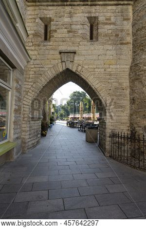 Tallinn, Estonia. July 2022.  Panoramic View Of The Ancient Viru City Gate In The City Center