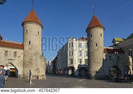 Tallinn, Estonia. July 2022.  Panoramic View Of The Ancient Viru City Gate In The City Center