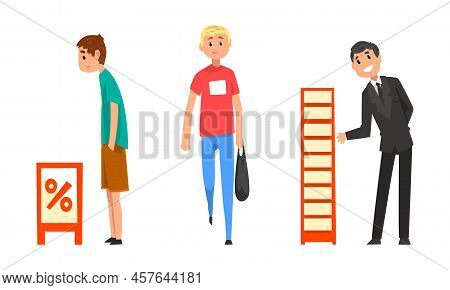 Man Promoter Advertising Products Or Services To Passerby At Trade Show Vector Set