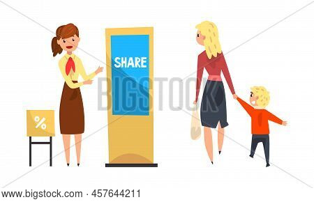 Woman Promoter Advertising Products Or Services To Passerby At Trade Show Vector Set