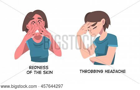 Sick Woman Having Skin Redness And Throbbing Headache As Symptom Of Heart Stroke Vector Set