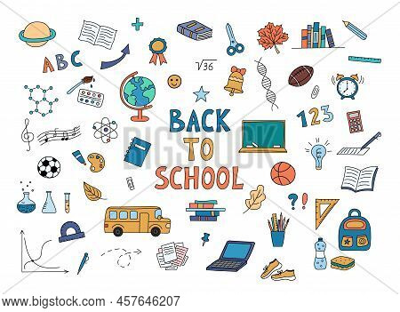 School Doodles Set. Funny Hand Drawn Objects For Educaton. School Drawings. Design Colorful Elements