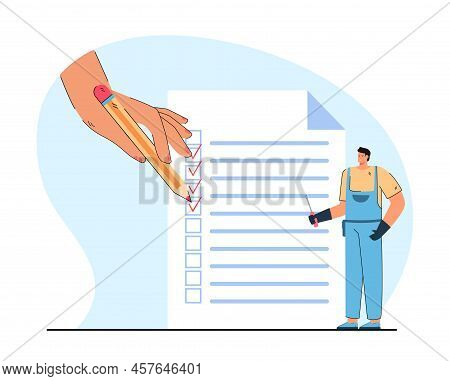 Tiny Technician Or Repairman And Huge Hand With Checklist. Handyman With Screwdriver, Customer Check