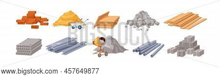 Building Materials Set. Bricks, Cement, Sand, Stones, Concrete, Metal Pipes, Wood Panels, Iron Slabs