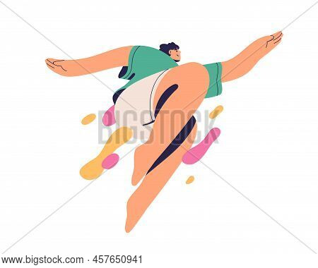 Freedom, Inspiration, Aspiration Concept. Young Man Jumping Up, Moving Forward With Enthusiasm, Aspi