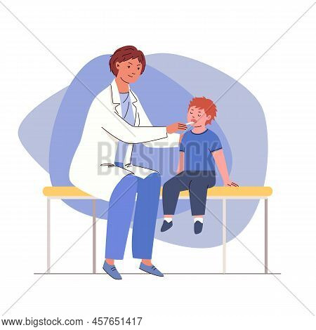 Ent Doctor Checks Throat. Child In Audiologist's Or Pediatrician Office. Little Boy Visits Otolaryng