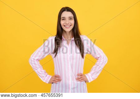 Happy Smiling Woman Portrait. Attractive Young Pretty Cheerful Girl In Casual Clothing Feeling Happy