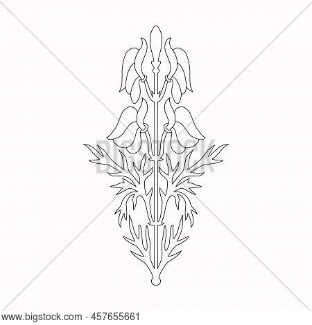 Vintage Drawn Tree Branches With Leaves And Flowers On White Background.