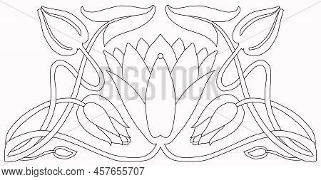 Vintage Drawn Tree Branches With Leaves And Flowers On White Background.