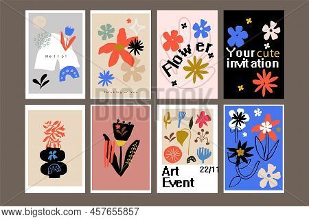 Pastel And Colorful Modern Set Of Abstract Hand Drawn Scandinavian Floral Shapes Posters Design For 