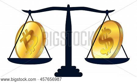 Gold Coin Of Bitcoin Btc And American Dollar Usd On Scales Isolated On White Background. Laws On Dig