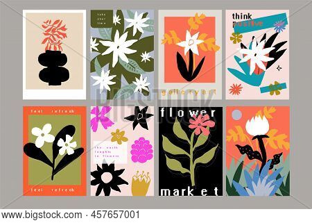 Colorful Modern Set Of Abstract Hand Drawn Scandinavian Floral Shapes Posters Design For Art And Mus