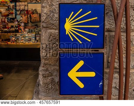 Blue Plaques Of The Camino De Santiago Next To The Cathedral Of San Pedro De Jaca In Aragon. Spain