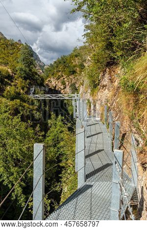 Metal Walkway On The Mountain In The Town Of Panticosa In The Pyrenees In Summer, Huesca. Spain