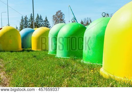 Garbage Bin Yellow Blue Green Old Dirty Sorted.garbage Sorting Concept.unused Old Conteiners. Green 