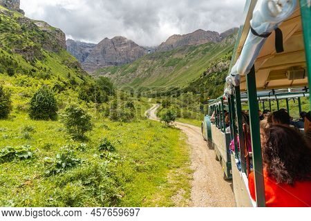 Mountain Train Heading To The Ripera Valley In The Town Of Panticosa In The Pyrenees. Huesca