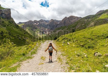 A Hiker On The Trek In The Ripera Valley In The Town Of Panticosa In The Pyrenees