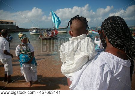 Salvador, Bahia, Brazil - February 2, 2022: Candomble Devotees And Supporters Of The African Matriaz