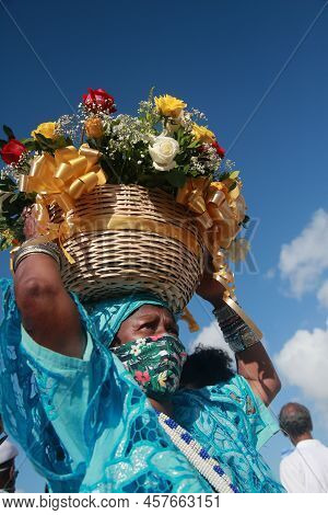 Salvador, Bahia, Brazil - February 2, 2022: Candomble Devotees And Supporters Of The African Matriaz