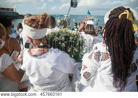 Salvador, Bahia, Brazil - February 2, 2022: Candomble Devotees And Supporters Of The African Matriaz