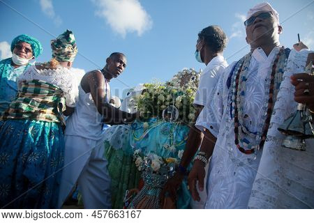 Salvador, Bahia, Brazil - February 2, 2022: Candomble Devotees And Supporters Of The African Matriaz