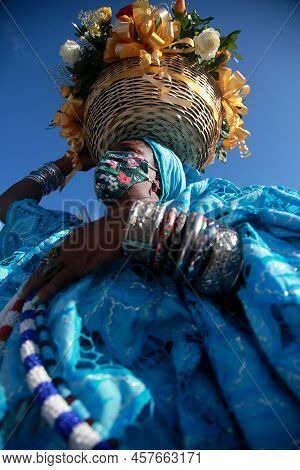 Salvador, Bahia, Brazil - February 2, 2022: Candomble Devotees And Supporters Of The African Matriaz