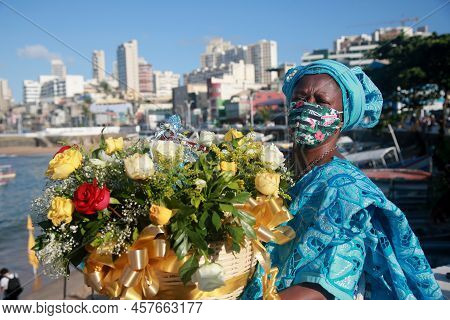 Salvador, Bahia, Brazil - February 2, 2022: Candomble Devotees And Supporters Of The African Matriaz