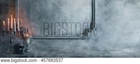 Mystical Halloween Still-life Background. Skull, Candlestick With Candles, Old Fireplace. Horror And