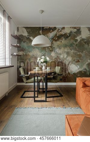 Modern Japandi Interior Design Appartment In Earth Tones, Natural Textures With Wooden Solid Oak Fur