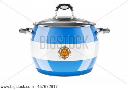 Argentinean National Cuisine Concept. Argentinean Flag Painted On The Stainless Steel Stock Pot. 3d 