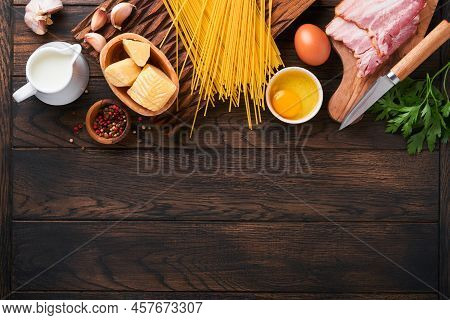 Ingredients For Pasta Carbonara. Traidtional Italian Pasta Carbonara Ingredients Bacon, Spaghetti, P