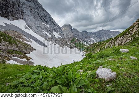 Mountain Hiking Trail Road. Grey Sky Before Thunderstorm. Between Italy And Austria: Near Volaia Lak