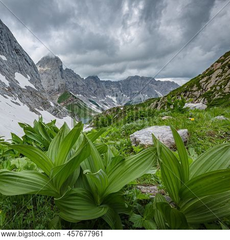 Mountain Hiking Trail Road. Grey Sky Before Thunderstorm. Between Italy And Austria: Near Volaia Lak