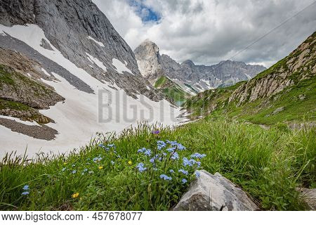 Mountain Hiking Trail Road. Grey Sky Before Thunderstorm. Between Italy And Austria: Near Volaia Lak