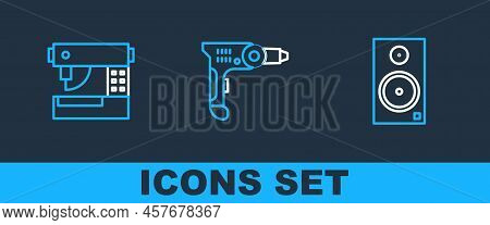 Set Line Stereo Speaker, Sewing Machine And Electric Drill Icon. Vector