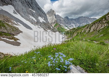 Mountain Hiking Trail Road. Grey Sky Before Thunderstorm. Between Italy And Austria: Near Volaia Lak