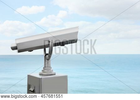 Metal Tower Viewer Installed Near Sea, Space For Text. Mounted Binoculars