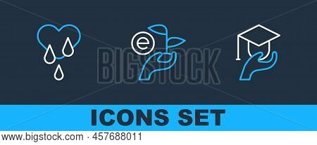 Set Line Education Grant, Blood Donation And Leaf In Hand Icon. Vector