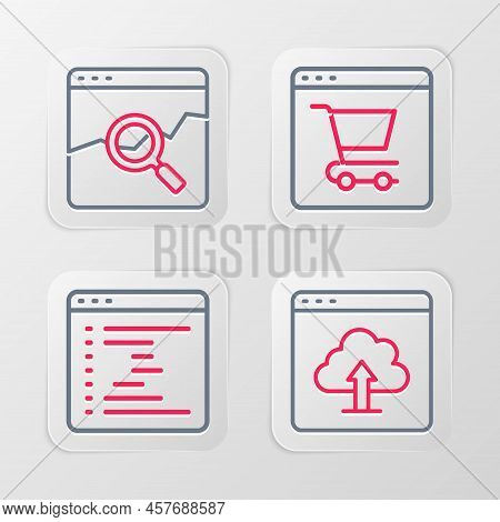Set Line Cloud Upload, Browser Window, Online Shopping On Screen And Website With Stocks Market Icon